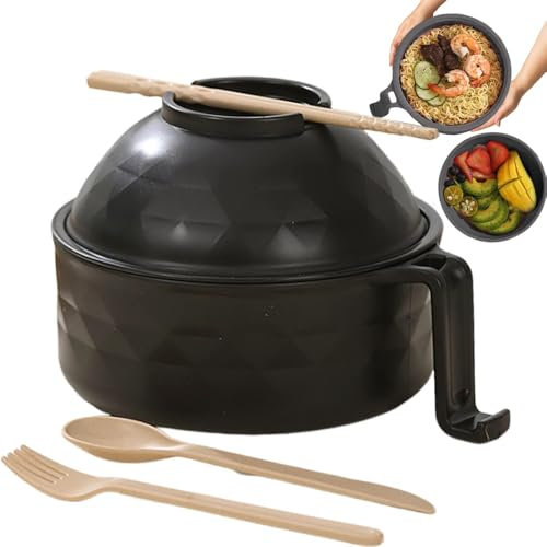 Lohoom Microwave Ramen Bowl, Microwave Ramen Noodle Cooker with Lid, Microwave Soup Bowl, Bpafree Portable Microwave Ramen Cooker Bowl Set, with Chopsticks, Spoon, Fork, for Home Kitchen (Black)