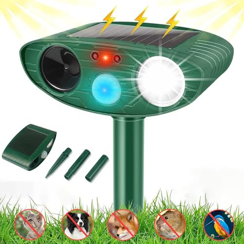 Joomouney Kattavvisande trädgård, ultraljud katt avskräckande för trädgård, sol, djurskrämmare, ultraljudsrävavskräckande med PIR-sensor och LED-blixt, IPX4 vattentät utomhus skadedjursmedel för