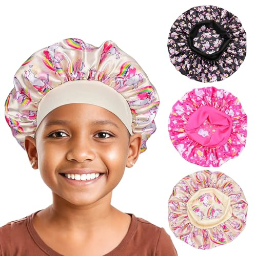 KASESSS 3 Pièces Bonnet Satin Cheveux Nuit Enfant, Bonnet en Satin de Soie, Élastique Bonnet Soie Cheveux Nuit, Réutilisable Enfants Bonnet de Nuit Licorne pour Les Filles Garçons de 2 à 8 Ans
