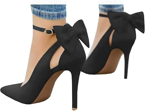 Women Pointed Toe High Heels Woman Thin Heels Ladies Sexy Pumps Ladies Buckle Strap Female Fashion Bowknot Shoes Plus Size 37-40, Black
