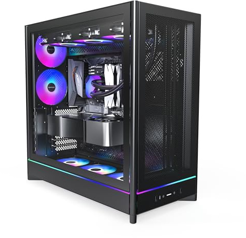 MONTECH HS01 Pro, ATX Mid-Tower PC Case, Gaming PC, High-Airflow, Reversible Layout, Mesh Front Panel, 5X ARGB PWM Fan Pre-Installed, Sink-in Design, Toolless Panels, Black
