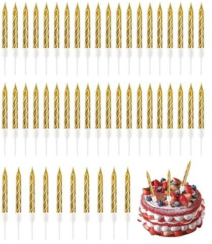 50 PCS Candele Compleanno Champagne Dorato con Supporti, Spirale Candeline Decorazioni di Matrimonio Anniversario Feste a Tema Eleganti e Lunghe per Anniversario Nozze e Torte Compleanno (Oro)