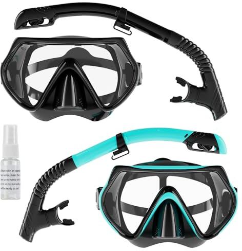 Snorkel Set Adults, Scuba Snorkelling Packages with 180° Panoramic Anti-Fog Tempered Glass Snorkel Mask, Leak Proof Dry Top Snorkel for Snorkeling Diving Swimming with Anti Fog Spray（Black+Green）