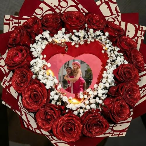Andisijq Bränn bort bukett personlig ros, bränn hjärta med meddelandefoto, gör-det-själv falska glitterblommor bukett, evig blank konstgjord röd rosbukett, årsdag, förlovning, bröllop (18 blommor)