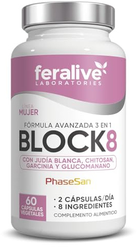 Feralive Laboratories Block 8 60 Cápsulas – PhaseSan (Judía Blanca con Chitosan) + Café Verde + Garcinia + Glucomanano – Suplemento para Control de Carbohidratos y Bienestar Metabólico