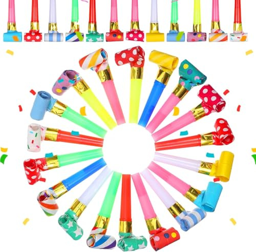 30Pcs Party Blowers, Colorful Whistles Party Foil Blowouts Horns for Adults Birthday Parties Cheer Team Favors Wedding Christmas, New Year Graduation, Automatic Roll
