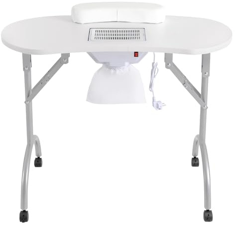 Quenoxo Mesa de uñas blanca con aspirador de polvo, mesa de manicura de MDF + hierro, incluye ventosa, rejilla, bolsa para el polvo y bolsa de agua, perfecta para uso doméstico y salón de uñas, sin