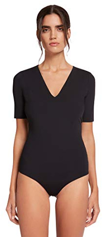 Wolford Vermont String Body for Women Lightweight Jersey Deep V-Neck Bodysuit with Short Slim Sleeves and Snap Fastener Black X-Small