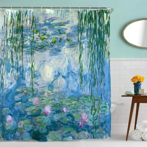 IcosaMro Lotus Shower Curtain for Bathroom with Hooks, Watercolor Monet Water Lilies Fowers Floral Decorative Long Cloth Fabric Shower Curtain, Blue, 71x72 Inches