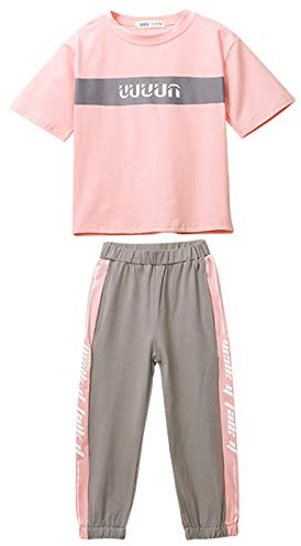 amropi Filles Ensembles Jogging Pantalon et Haut T-Shirt à Manches Courtes Eté Survêtement Rose Gris,11-12 Ans