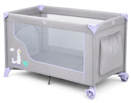 Ricokids Cuna de viaje para bebé con colchón, 125 x 65 x 78 cm, cuna de viaje para niños de hasta 15 kg, 2 ruedas con frenos, entrada lateral extraíble, bolsa de transporte, plegable, compacta, gris