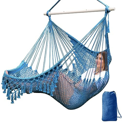 Chihee Hängstol handgjord hängande stol bomullsrep vävd hängande sits mjuk spunnen stor stretch hängmatta gunga, hopfällbar stark metall spridare bar elegant makramé komfort inomhus utomhus trädgård