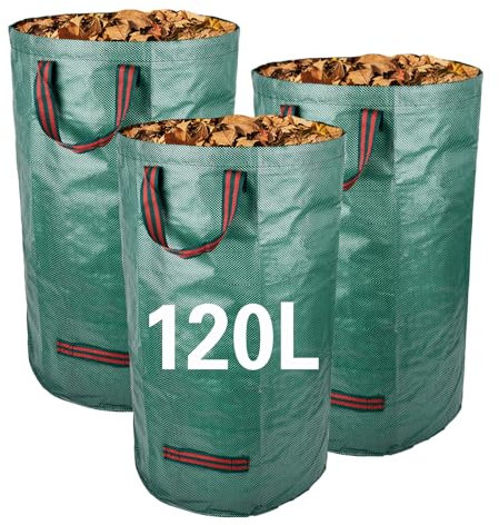 HUMOKI 3 Säcke Gartenabfallsäcke, Gartensack 120L, Gartenabfallsäcke mit Griffen, Gartenabfallsack Stabil, Laubsäcke, Gartensäcke für Gartenabfälle, Grünschnittsäcke, für Gras Laub Hecke Gartenabfall