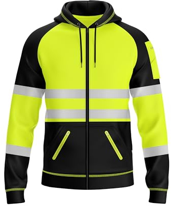 trending babz – Sweat à capuche en polaire réfléchissant haute visibilité pour homme avec 3 poches zippées, jaune/noir, S