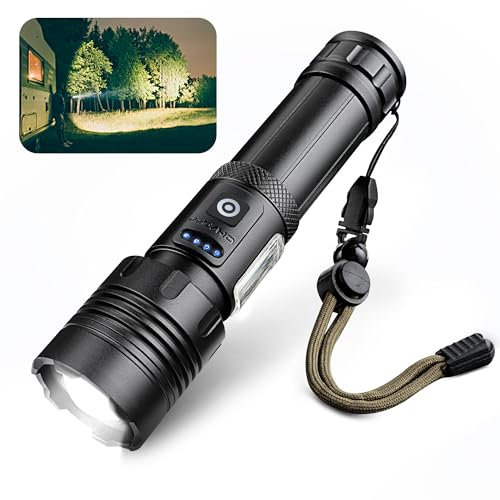 AiQInu lampe torche led ultra puissante 10000 Lumens, lampe de poche tactique rechargeable USB-C, 7 modes d'éclairage, zoomable, étanche IPX4 pour le camping et l'extérieur