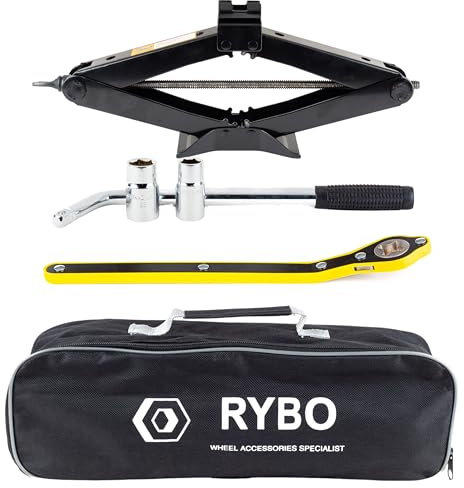 RYBO Car Jack Kit. Includes Wheel Brace & Scissor Jack. Portable Ideal for Roadside Emergencies, Keep in Car (1.5 Ton)