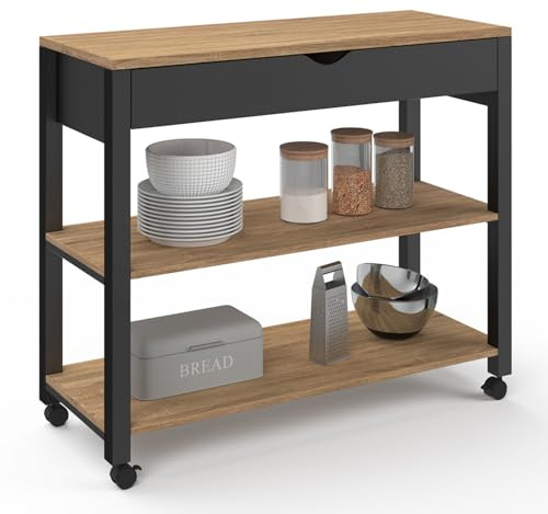 IDMarket - Küchenwagen PENH XXL mit Schublade und schwarzer Arbeitsplatte, Buchenholzplatten B.100 CM