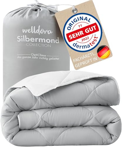 Welldora OPTICLIMA Allergiker Bettdecke 155x220 | Fachärztlich geprüft | Oeko-Tex Zertifiziert in der Schweiz | Ganzjahresdecke für Sommer & Winter | Wendedecke Silbergrau-Weiß | Premium Steppdecke