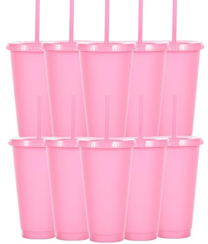 Yisituo 710ml Reusable Plastic Cups, 10 Pack Cold Cups with Lid and Straw, Tumblers Travel Mugs for Adults Party and Beach, Pool Gatherings (10, Pink)
