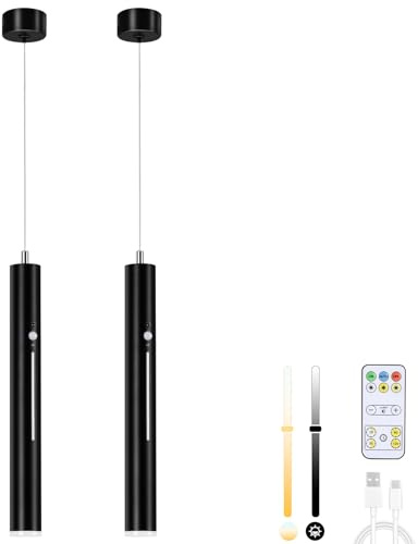 Lightsjoy 2er Hängelampe mit Batterie 5000 mAh Akku Pendelleuchte mit Fernbedienung Hängeleuchte Ohne Strom Dimmbar Schwarz Lampen Hängend mit Bewegungsmelder für Küchenlampe Schlafzimmer Wohnzimmer