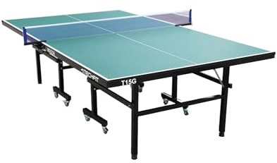 TechFit Tavolo da Ping Pong Professionale per Interni - Pieghevole da Interno con Inclinazione Unilaterale, Struttura Metallica Nera, Rete da 180 cm, Roti Silconate con Freni, 274x152,5x76 cm
