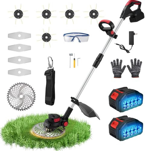 Desbrozadora Bateria, SenDeluz 9 Desbrozadora Electrica con Altura Ajustable, 3 Tipos de Cuchillas, 2pcs 21V Batería de 4.0 Ah y Cargador para Césped/Jardín/Patio