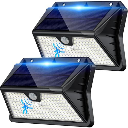Giliwosy Faretto LED da Esterno Solare, Luci Solari da Giardino 3 Modos Lampada Solare da Esterno con Sensore di Movimento IP65 Impermeabile Luce da Esterno per Parete, Garage (2 Pezzi Bianco Freddo)