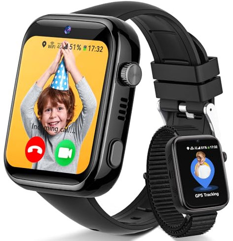 Fitnynxos 4G Montre Connectée Enfant, Smartwatch Enfant avec GPS et Téléphone, Appel Vidéo, SOS, Mode Classe, Whatsapp, WiFi, IP68, SIM, Podomètre, Réveil, Montre Intelligente Garcon/Fille, Noir
