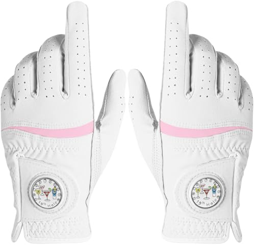 AXKAL Premium Comfortable Women's Golf Gloves with Ball Marker 2 Pack, All Weather Grip Soft Glove for Left Right Handed Golfers, Regular Breathable Fit Gift for Ladys (White, M, 1 Pair)