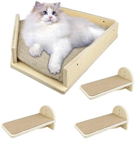 Comzantor Set med 4 klättervägg, katter, väggelement, kattrappa, vägg | Kattbrädor för väggen, kattvägg möbelset, kattstege vägg för katt klättring lek lata dagar (massivt trä)
