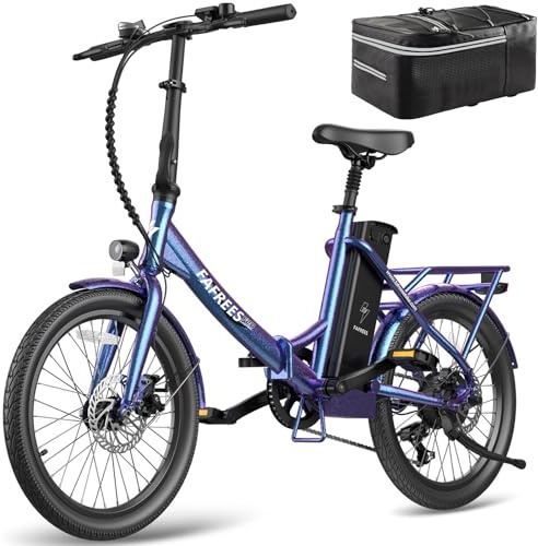 Fafrees Bici Elettrica Pieghevole F20Lasting Bicicletta Elettrica da 36V18.2Ah Batteria Rimovibile, Autonomia 190KM, 7 Velocità, Bici Pieghevole da Città per Uomo Donna, con Borsetta, Blu-Viola