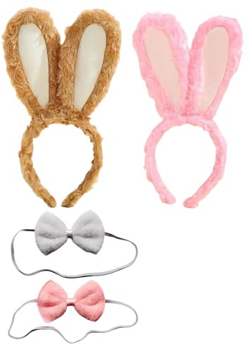 LDBKLGHJ Diadema con orejas de conejo para Pascua 2 piezas – accesorio de disfraz rosa y naranja con lazo de peluche suave para fiestas, cosplay y celebraciones familiares