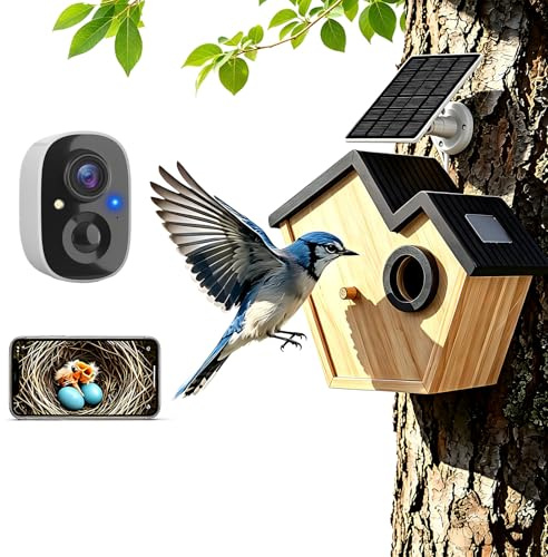 Mangiatoia per uccelli intelligente in legno con fotocamera, mangiatoia per uccelli da esterno 2K HD per giardino, rilevamento del movimento e avvisi app, regalo per osservazione uccelli per tutte le