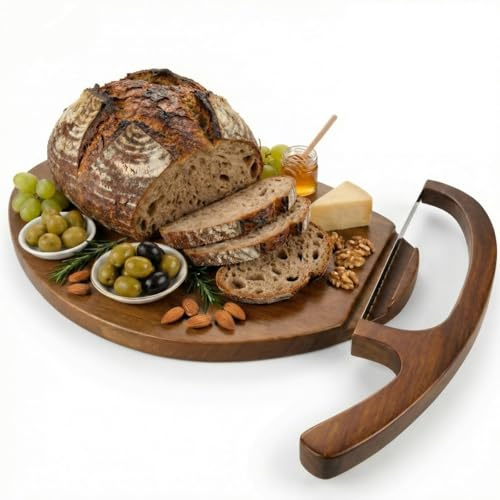 Sourdough Bread Slicer & Bow Knife Set - High Arch Bread Cutter for Homemade Bread - Heavy Duty Wooden Cutting Board with Deep Groove for Hard Crusts - Magnetic Design, Unique Sourdough Shape