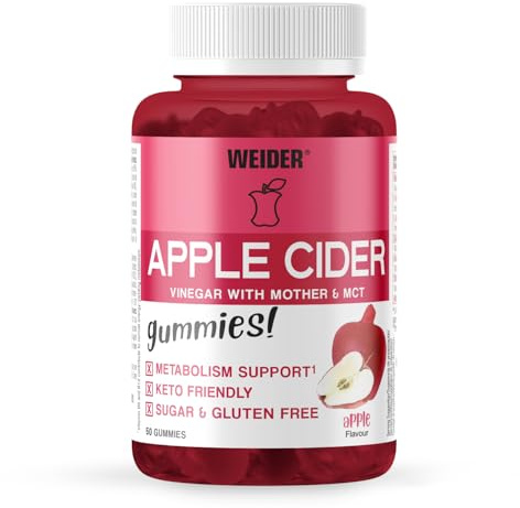 Weider Apple Cider Vinegar Gummies – avec vinaigre de cidre de pomme + huile de coco – goût pomme - vitamines B6, B9, B12 – améliore le métabolisme – keto – vegan – 50 gummies
