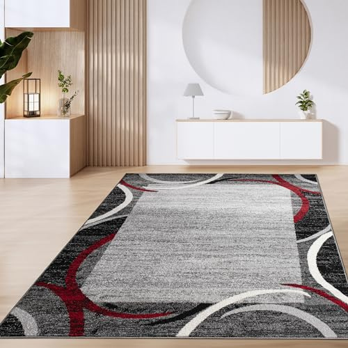 Paco Home Teppich Wohnzimmer Kurzflor Marokkanische Kreis Und Bordüren Muster Modern, Grösse:240x340 cm, Farbe:Rot 3