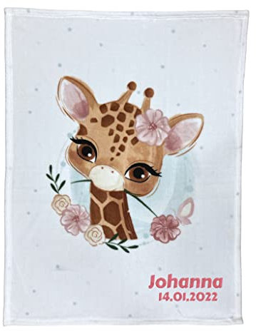 Wolimbo Babydecke mit Namen personalisiert - Motiv Giraffe weiß - Besticktes Geschenk für Mädchen und Junge