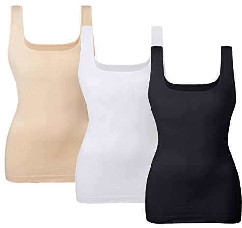 EUYZOU Women's 3PK Tummy Control Shapewear Tank Tops Seamless Square Neck Compression Tops Slimming Body Shaper Camisole-Black/White/Nude L