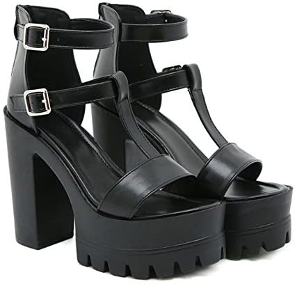 13CM/5.11IN Open-Toed Instep T-Strap Bag Tallone E Cerniera Posteriore Sandali con Suola Spessa Super High-Heel Chunky-Heel Stage Catwalk Shoes,Nero,36 EU