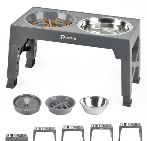 Petace Erhöhte Hundenäpfe für große Hunde, erhöhter Hundenapfständer mit 1 Edelstahlschüssel, 1 Anti Schling Napf und 0,8L auslaufsicherem Hundenapf