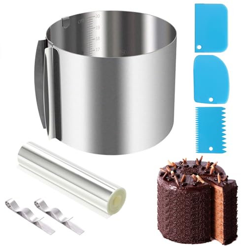 WANGDEFU Tortenring hoch 20 cm - Edelstahl Backring verstellbar 16-30 cm – 5M Tortenrandfolie Kuchen Kragen,Kuchenring rund für die einfache Zubereitung von Creme,Schicht,und Motivtorten Dekorieren