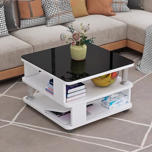 GHBXJX Klein Couchtisch mit Stauraum und Rollen, Sofa Beistelltisch Holztisch Wohnzimmer Tisch, Coffee Table Couchtische mit Glasplatte, einfacher Aufbau, moderner Stil, 50x50x55 cm,A