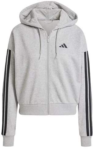 adidas Femme Essentials 3-Stripes French Terry Full Zip Hoodie, Medium Grey Heather/Black, L