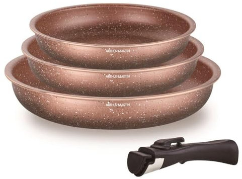 SHOP-STORY Set de 3 Poêles Arthur Martin en Aluminium avec Poignée Amovible - 20, 24, 28 cm - Tous Feux Dont Induction - Revêtement Anti Adhérent