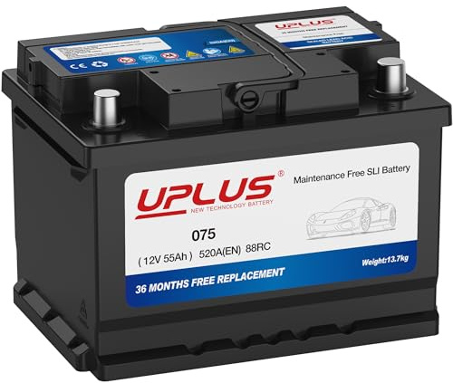 UPLUS 075 Car Battery, 12V 55Ah Maintenance Free Automotive Battery, 520A 88RC, for standard non-start-stop vehicles, Left: - Right: +, 242L x 175W x 175H(mm)