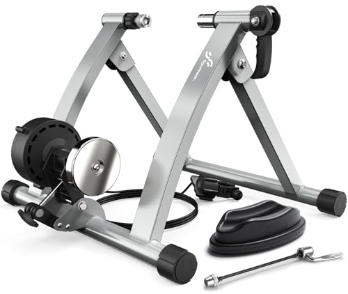 Sportneer Turbo Trainer - Magnetic Stationary Bike Trainer for 26-28 & 700C Wheels - Adjustable 6 Level Resistance Bike Stand for Indoor Riding with Quick Release Lever & Front Wheel Riser Block