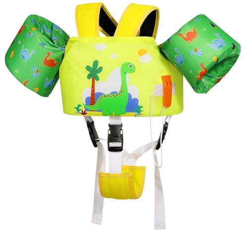 MoKo Gilet de Bain pour Enfants, Brassard de Natation avec Sangle Réglable, Gilet de Natation, Veste de Natation Flottant, Équipement de Natation pour Plage Piscine, Dinosaure Vert Jaunâtre