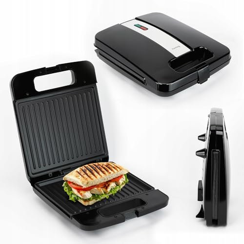 Huslog Sandwichera Panini Grill 1400W, Placas Antiadherentes, Mango Cool Touch, Indicador Luminoso, Base Antideslizante, Compacta y Potente, Acero Inoxidable, Negro