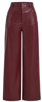 MakeMeChic Women's Leather Pants High Waist Wide Leg Pants Elastic Straight Party Trousers with Pockets Burgundy X-Large