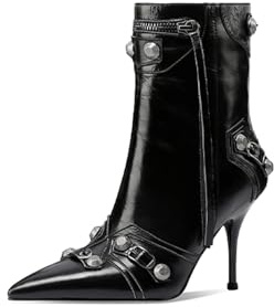 RBCYC Botas de mujer con cremallera Botas sin cordones con remaches Botines Cerrados Dedo de aguja Tacón alto Casual Fiesta, Negro , 37 EU